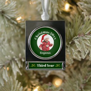Baby's 3. Christmas Green Imitate Fabric Keepake Banner-Ornament Silber