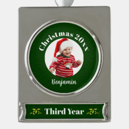 Baby's 3. Christmas Green Imitate Fabric Keepake Banner-Ornament Silber