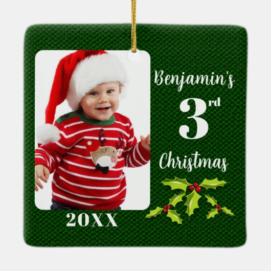 Baby's 3. Christmas Green Imitate Fabric Keepake Keramikornament (Rückseite)