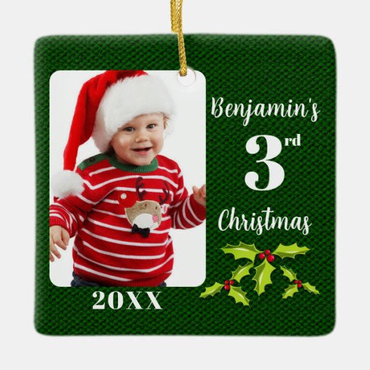 Baby's 3. Christmas Green Imitate Fabric Keepake Keramikornament (Vorderseite)