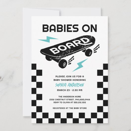 Babys an Bord Skateboard Twins Baby Dusche Einladung (Vorderseite)