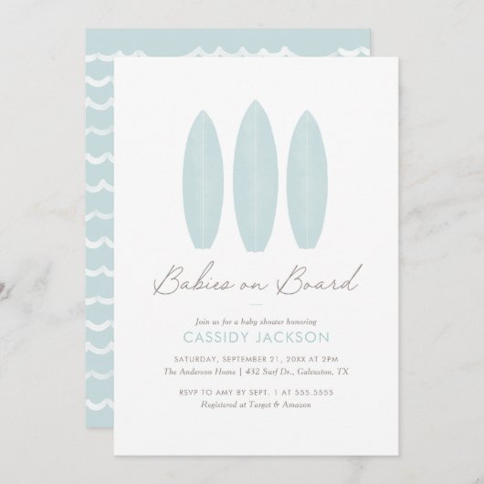 Babys an Bord Surfboard Twin Baby Shower Einladung (Vorne/Hinten)