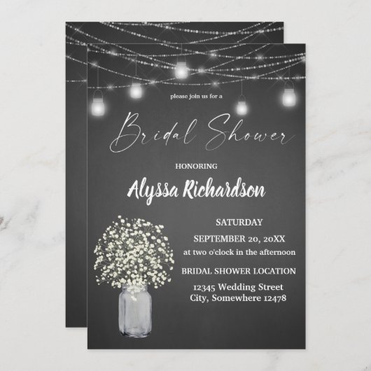 Babys Atem Chalk G & String Lights Brautparty Einladung (Vorne/Hinten)