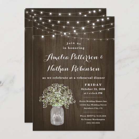 Babys Atemmason Jar Rustikale Probe Abendessen Einladung (Vorne/Hinten)