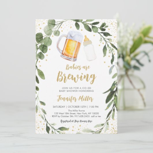 Babys brauen Grünpflanzen Zweiwindusche Einladung (Stehend Vorderseite)