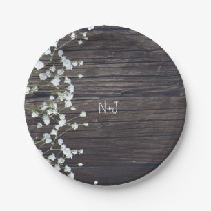 Baby's Breath Blumen & Dunkle Rustikale Holz Hochz Pappteller