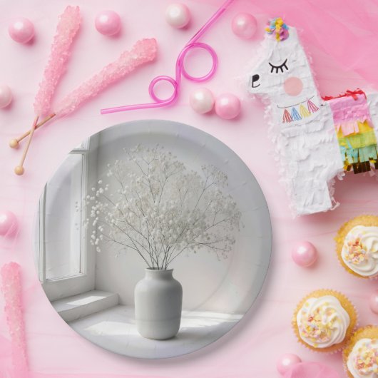 Baby's Breath Bouquet In White Vase Pappteller (Party)