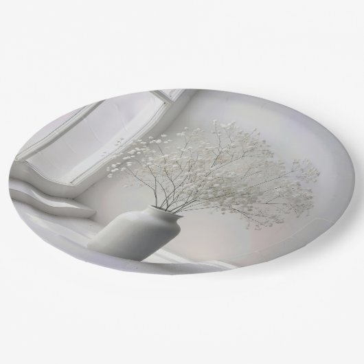 Baby's Breath Bouquet In White Vase Pappteller (Schrägansicht)