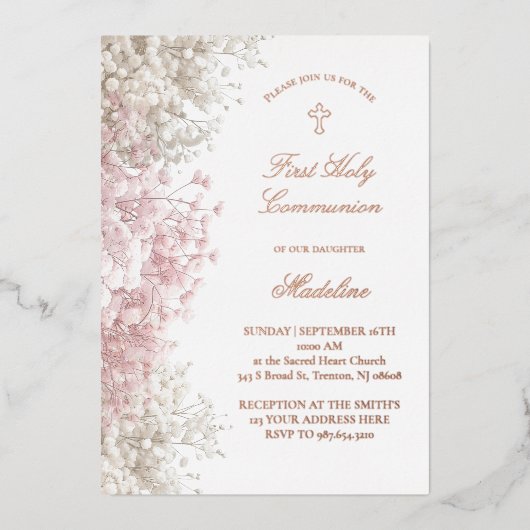 Baby's Breath flowers First Communion Folieneinladung (Vorderseite)