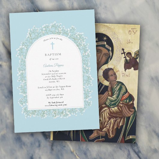 Baby's Breath Greek Orthodox Baptism Blue Boy Einladung