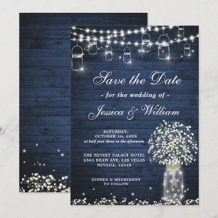 Baby's Breath-Mason-Glas Rustikal Blau Holz Hochze Einladung