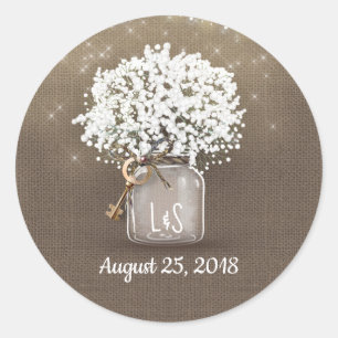 Baby's Breath-Mason-Glas und rustikales Sackleinen Runder Aufkleber