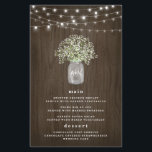 Babys Breath Mason Jar Rustic Wedding Menu Cards<br><div class="desc">Das Design besticht durch einen ländlich-rustikalen Kornhintergrund aus Aquarellholz mit eleganten,  blinkenden Lichtern. Die Vorlage verfügt auch über ein Maurerglas,  das mit dem Atem des Babys gefüllt ist. Sie können die Demo-Initialen im Glas auf Ihre eigene ändern.</div>