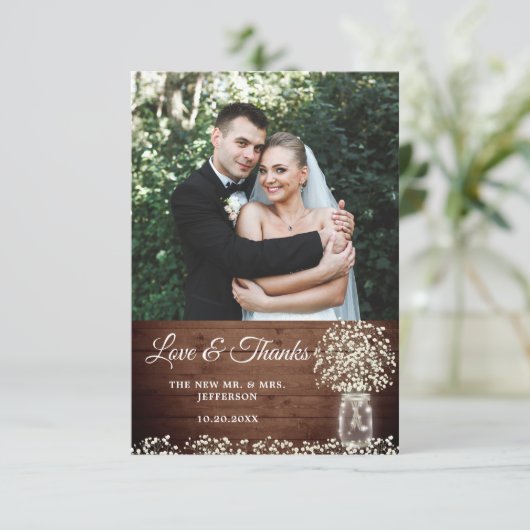 Baby's Breath Mason Jar Wood Foto von Thank You Ca Dankeskarte (Stehend Vorderseite)