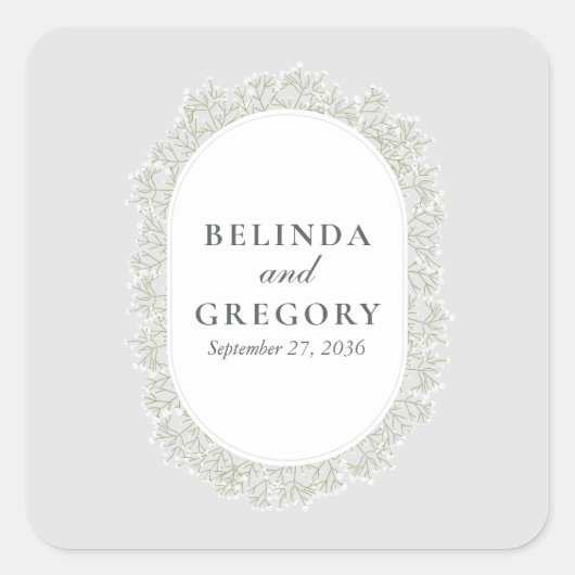 Baby's Breath Monogram Gypsophila Floral Wedding Quadratischer Aufkleber (Vorderseite)
