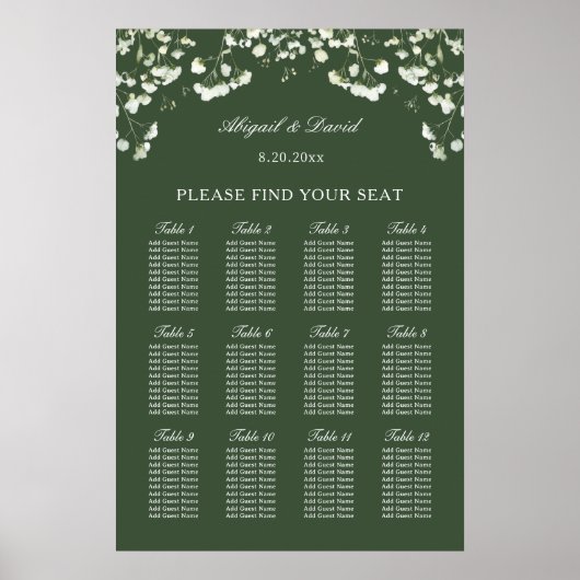 Baby's Breath on Sage Green Wedding Seating Chart Poster (Vorne)