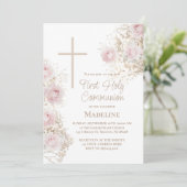 Baby's Breath pink roses First Holy Communion Einladung (Stehend Vorderseite)