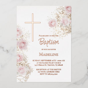 Baby's Breath und rosa Rosen Taufe Folieneinladung