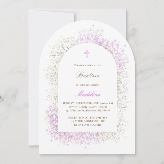Baby's Breath white lilac baby girl Baptism Einladung (Vorderseite)