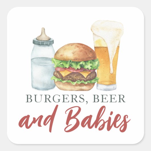Babys, Burgers und Beer Baby Dusche Quadratischer Aufkleber (Vorderseite)