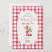 Baby's Cherry First Red Gingham Birthday Einladung (Vorderseite)