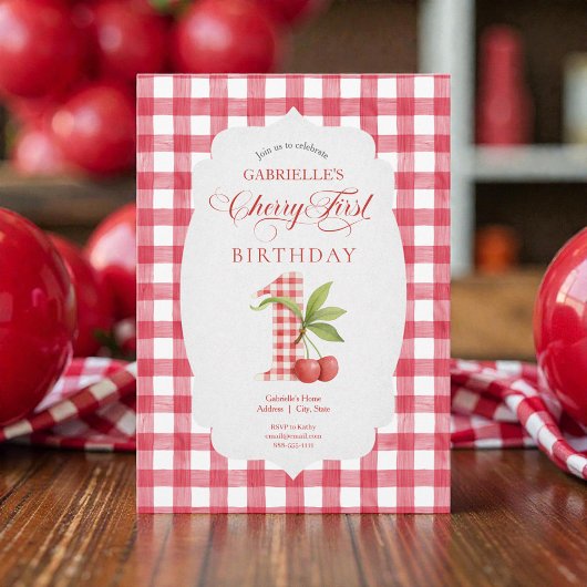 Baby's Cherry First Red Gingham Birthday Einladung