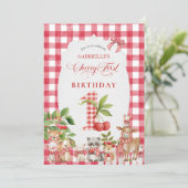 Baby's Cherry First Red Gingham Birthday Einladung (Stehend Vorderseite)