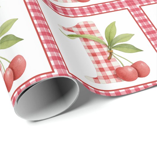 Baby's Cherry First Red Gingham Birthday Geschenkpapier (Rolleneckpunkt)