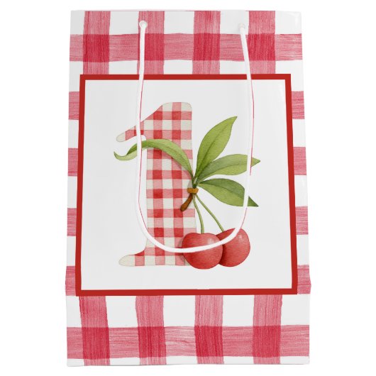 Baby's Cherry First Red Gingham Birthday Mittlere Geschenktüte (Rückseite)