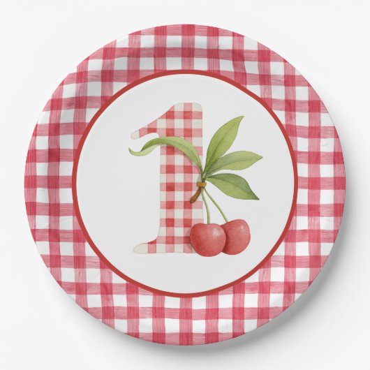 Baby's Cherry First Red Gingham Birthday Pappteller (Vorderseite)