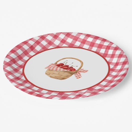 Baby's Cherry First Red Gingham Birthday Pappteller (Schrägansicht)