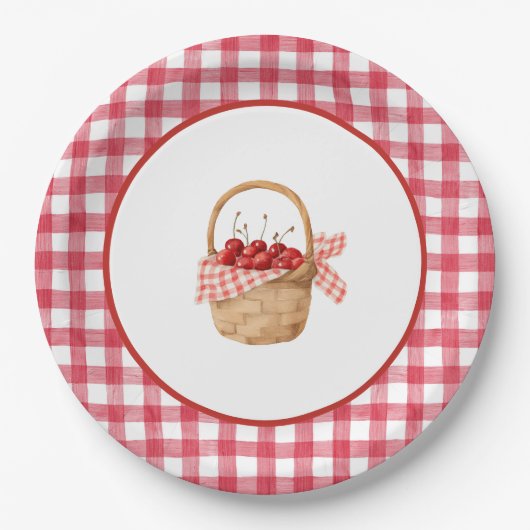 Baby's Cherry First Red Gingham Birthday Pappteller (Vorderseite)