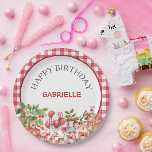 Baby's Cherry First Red Gingham Birthday Pappteller (Party)