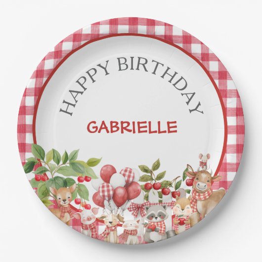 Baby's Cherry First Red Gingham Birthday Pappteller (Vorderseite)
