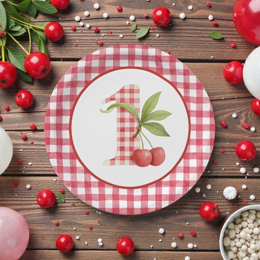 Baby's Cherry First Red Gingham Birthday Pappteller