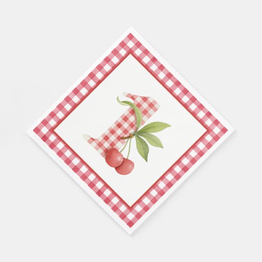 Baby's Cherry First Red Gingham Birthday Serviette (Ecke)