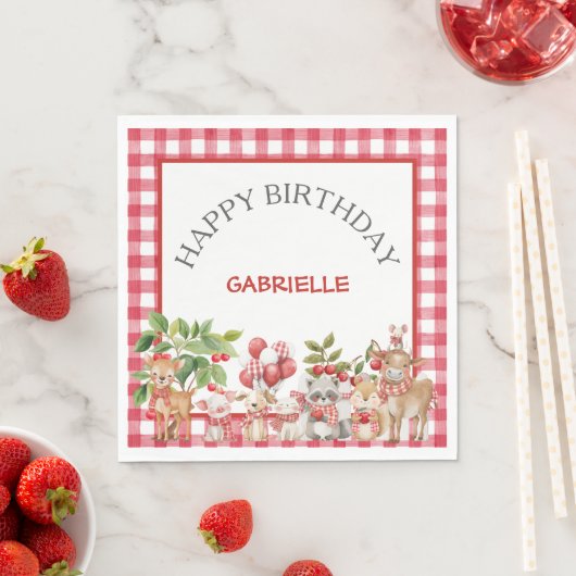 Baby's Cherry First Red Gingham Birthday Serviette (Beispiel)