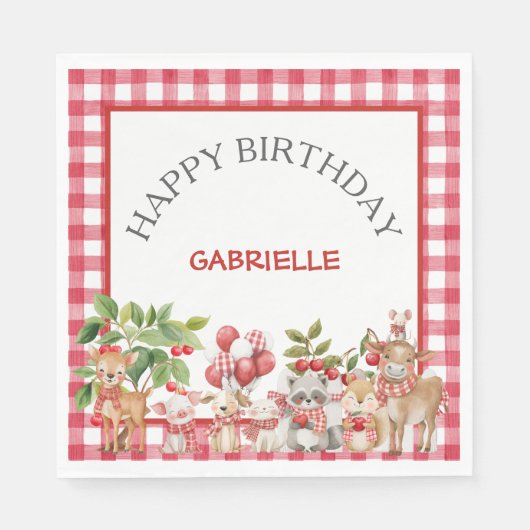 Baby's Cherry First Red Gingham Birthday Serviette (Vorderseite)