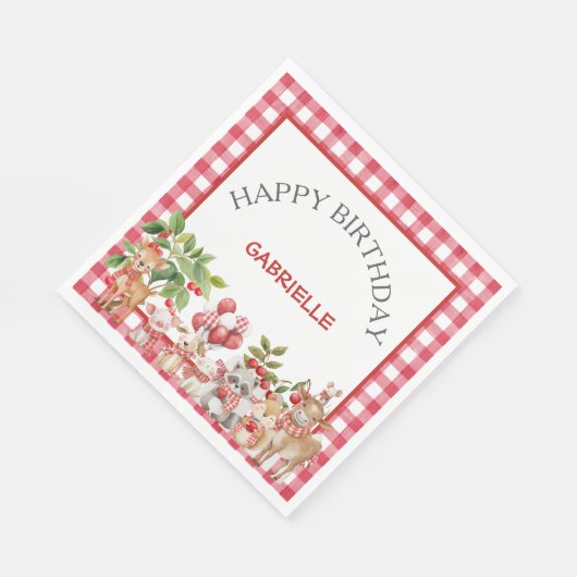 Baby's Cherry First Red Gingham Birthday Serviette (Ecke)