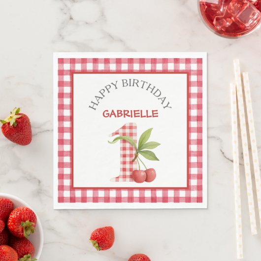 Baby's Cherry First Red Gingham Birthday Serviette (Beispiel)