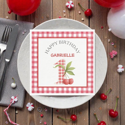 Baby's Cherry First Red Gingham Birthday Serviette