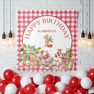 Baby's Cherry First Red Gingham Geburtstag Wandteppich