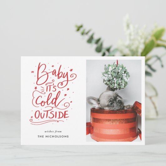 Baby's Cold Outdoor Red Script Foto Einladung (Stehend Vorderseite)