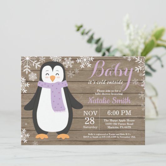 Baby's Cold Outdoor Rustic Pinguin Baby Dusche Einladung (Stehend Vorderseite)