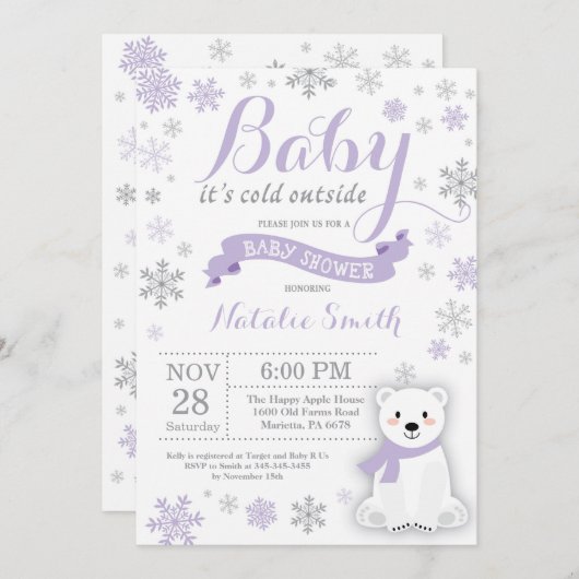 Baby's Cold Outdoor Winter Baby Dusche Lila Einladung (Vorne/Hinten)