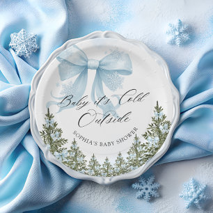 Baby's Cold Outdoor Winter Blue Bow Baby Dusche Pappteller