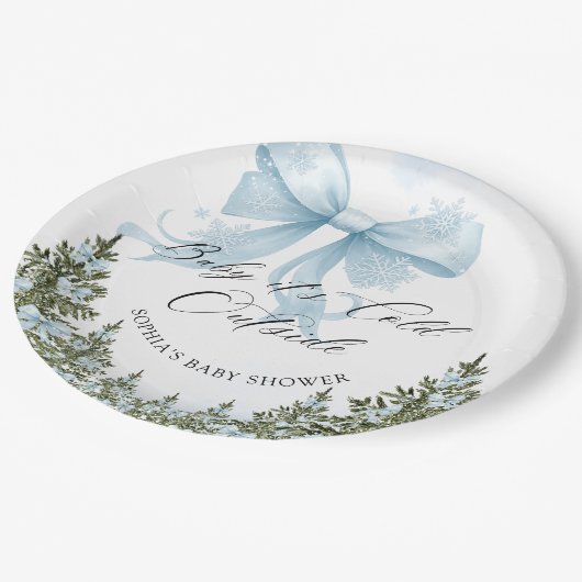 Baby's Cold Outdoor Winter Blue Bow Baby Dusche Pappteller (Schrägansicht)