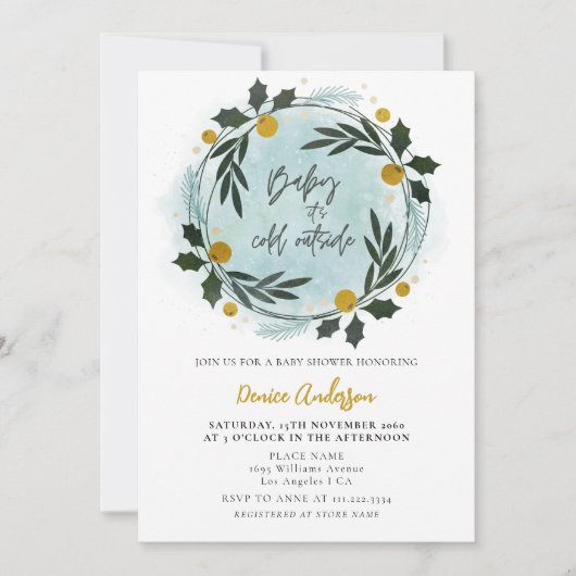 Baby's Cold Outdoor Winter Blue Gold Baby Dusche Einladung (Vorderseite)