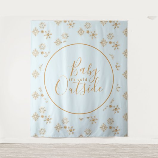 Baby's Cold Outside Gold Schneeflocken auf Blue Wandteppich (Vorderseite)