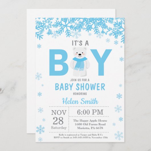 Baby's Cold Outside Polar Bear Boy Baby Dusche Einladung (Vorne/Hinten)